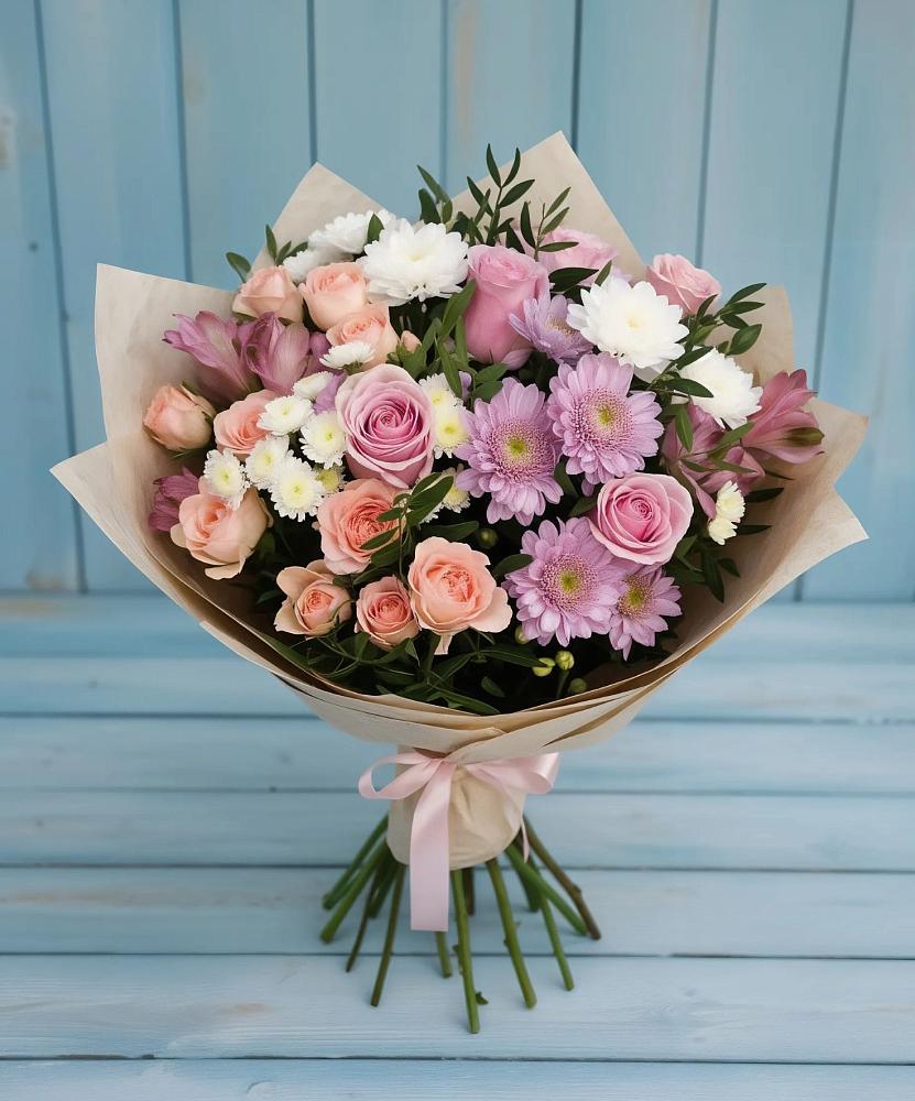 Букет цветов из: Хризантемы, Розы и Альстромерии в Голубинской