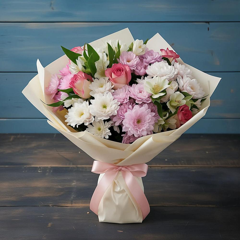 Букет цветов из: Хризантемы, Альстромерии и Розы в Голубинской